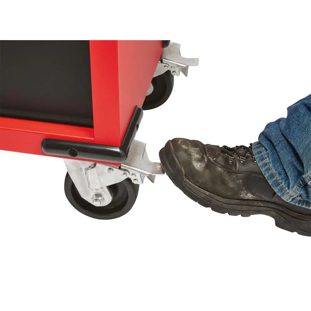 61 In. 11-Drawer/1-Door 22 In. D Mobile Workbench with Sliding Pegboard Back Wall in Red/Black