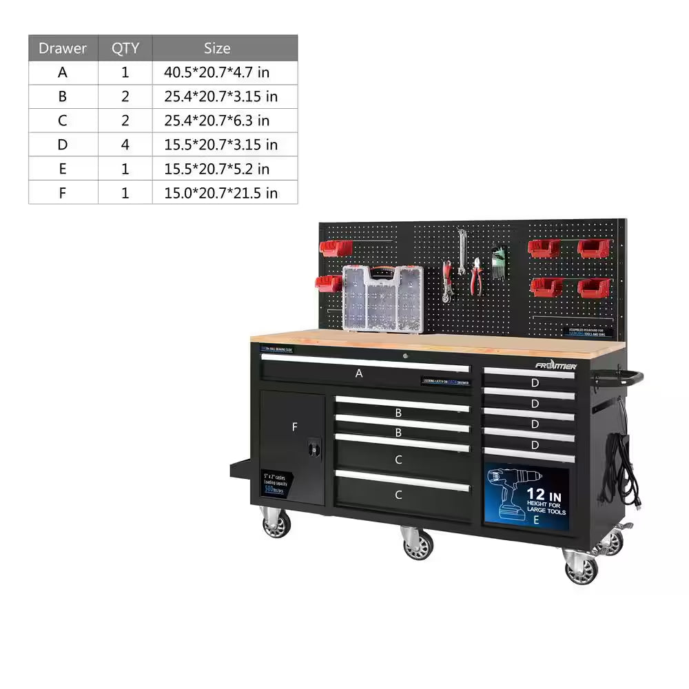 Heavy-Duty 62 In. W X 22 In. D 10-Drawer Black Tool Chest Mobile Workbench Cabinet with Pegboard Back Wall