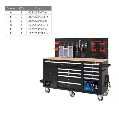 Heavy-Duty 62 In. W X 22 In. D 10-Drawer Black Tool Chest Mobile Workbench Cabinet with Pegboard Back Wall